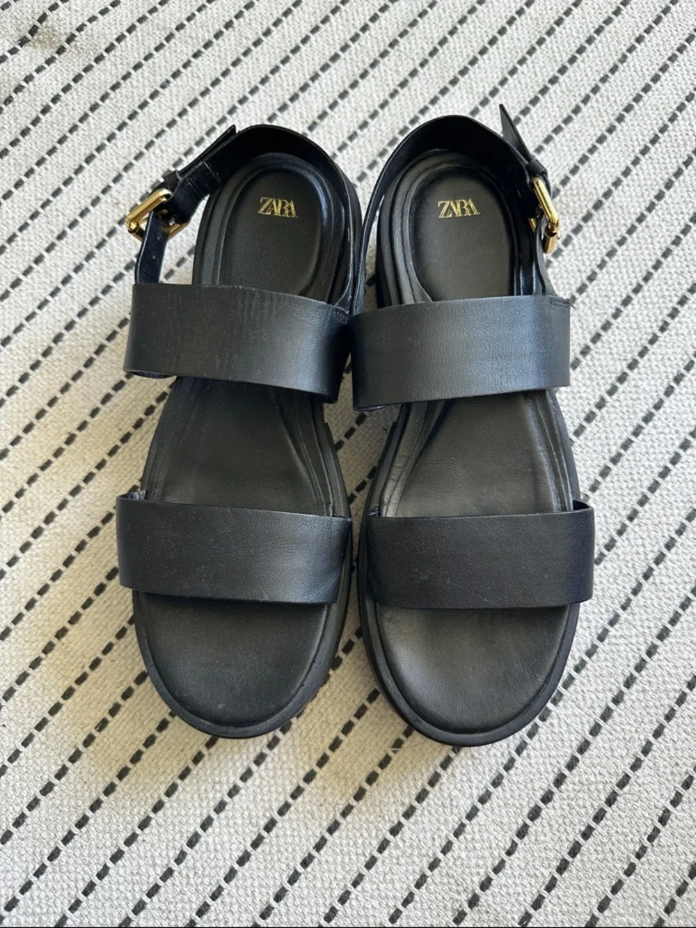 Zara Black Double-Strap Leather Sandals with Gold Buckle - Picture 1 of 4
